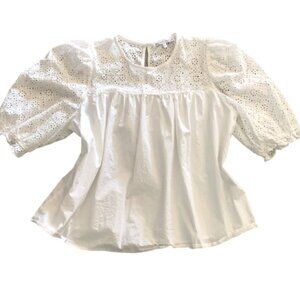 English Factory XL Short Puff Sleeve Blouse 100% Cotton White Eyelet Upper 138L